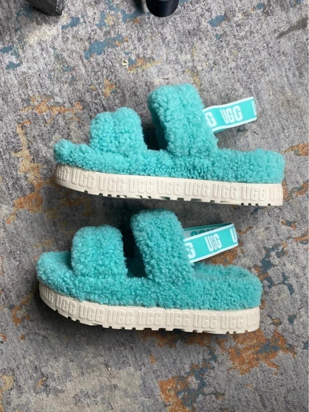UGG Teal Faux-Shearling Double-Strap Slide Sandals with Branded Heel - Picture 1 of 3